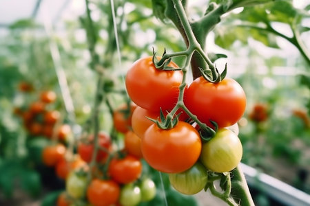 Thriving cherry tomato plants growing in the garden. Generative AIの素材
