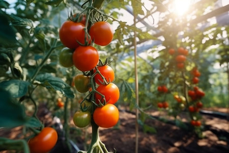 Thriving cherry tomato plants growing in the garden. Generative AIの素材