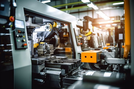 Cutting-edge machinery operating within a manufacturing facility. Generative AIの素材