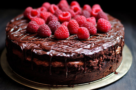 Decadent chocolate cake with fresh raspberries. Generative AIの素材