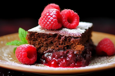 Decadent chocolate cake with fresh raspberries. Generative AIの素材
