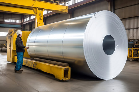 A forklift transporting large aluminum steel. Generative AIの素材