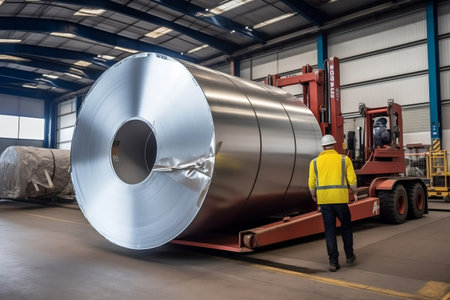 A forklift transporting large aluminum steel. Generative AIの素材