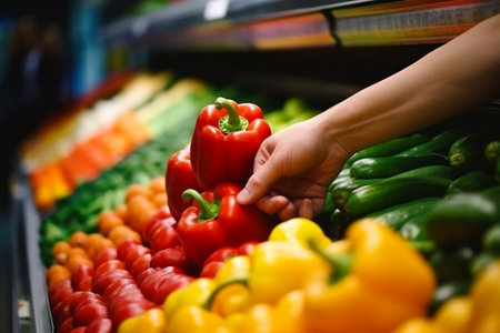 Assorted vegetables and fruits neatly arranged on a supermarket shelf. Generative AIの素材