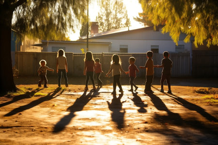 Shadows of children playing in a yard. Generative AIの素材