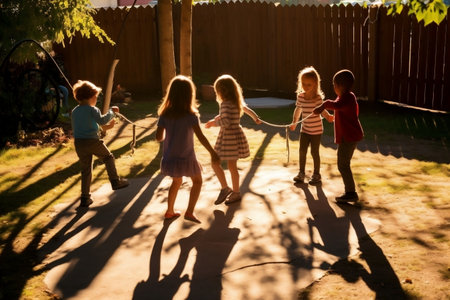 Shadows of children playing in a yard. Generative AIの素材