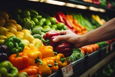 Assorted vegetables and fruits neatly arranged on a supermarket shelf. Generative AIの素材