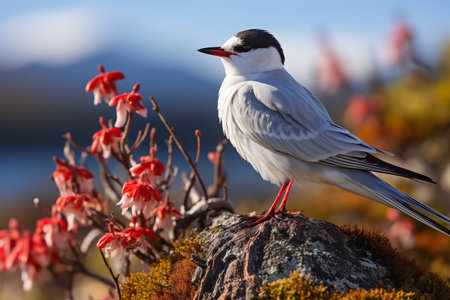 Arctic Tern Bird Sterna paradisiac Perched on Stone. Generative AIの素材