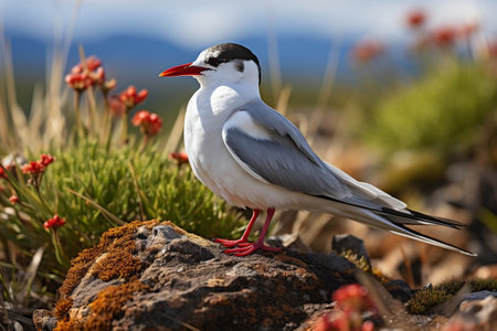 Arctic Tern Bird Sterna paradisiac Perched on Stone. Generative AIの素材
