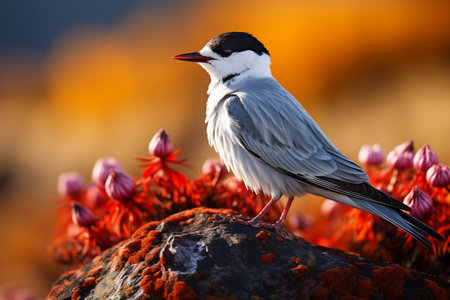 Arctic Tern Bird Sterna paradisiac Perched on Stone. Generative AIの素材