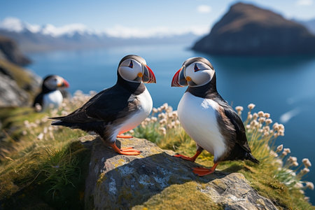 Atlantic Puffins Walking on the Cliff. Generative AIの素材