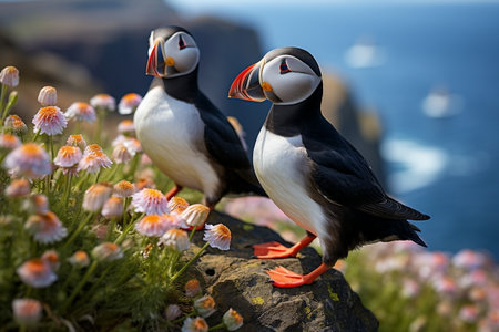 Atlantic Puffins Walking on the Cliff. Generative AIの素材