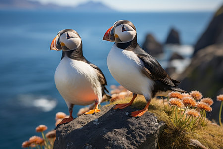 Atlantic Puffins Walking on the Cliff. Generative AIの素材