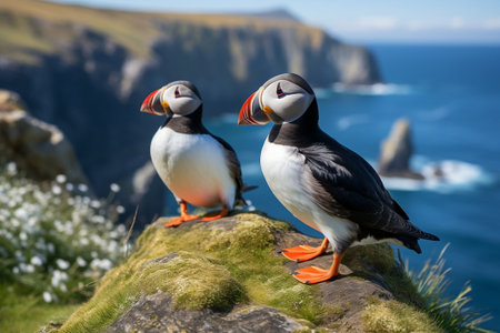 Atlantic Puffins Walking on the Cliff. Generative AIの素材