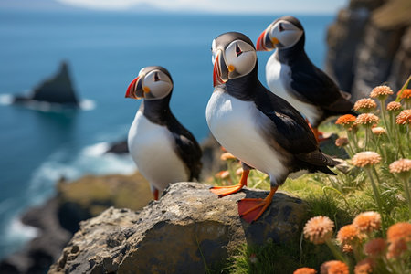 Atlantic Puffins Walking on the Cliff. Generative AIの素材