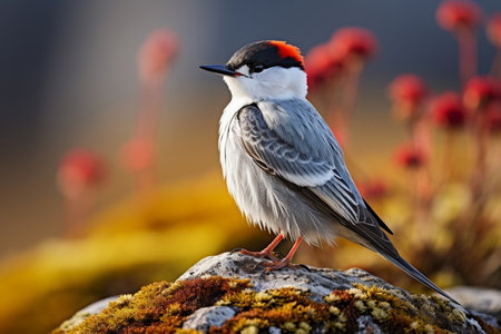 Arctic Tern Bird Sterna paradisiac Perched on Stone. Generative AIの素材