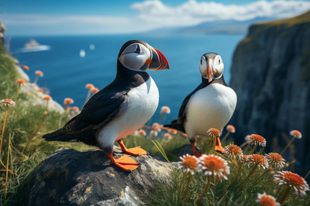 Atlantic Puffins Walking on the Cliff. Generative AIの素材