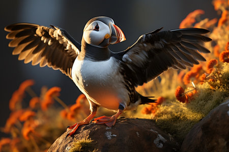 Adorable Atlantic Puffin Bird Standing On a Rock. Generative AIの素材