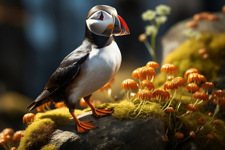 Adorable Atlantic Puffin Bird Standing On a Rock. Generative AIの素材