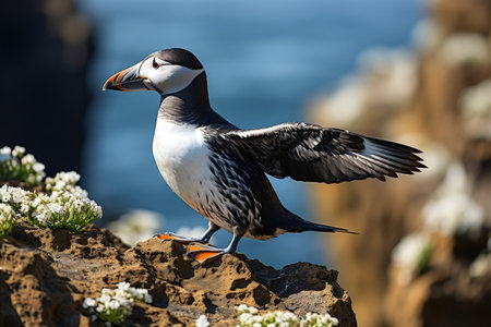 Razorbill Bird Majestic Cliff Pose. Generative AIの素材