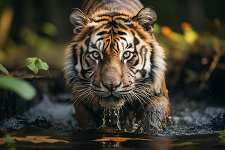Adventurous Amur Tiger Splashing in Siberian Water. Generative AIの素材