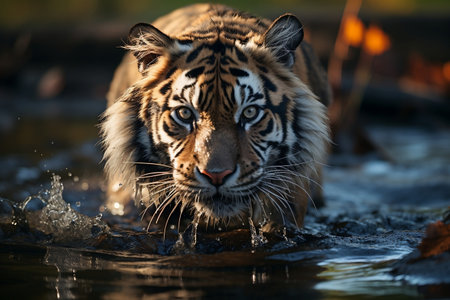Adventurous Amur Tiger Splashing in Siberian Water. Generative AIの素材