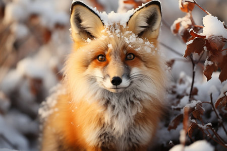 Red Fox in White Snow during Cold Winter. Generative AIの素材