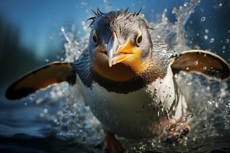 Big King Penguin Leaping from Water. Generative AIの素材