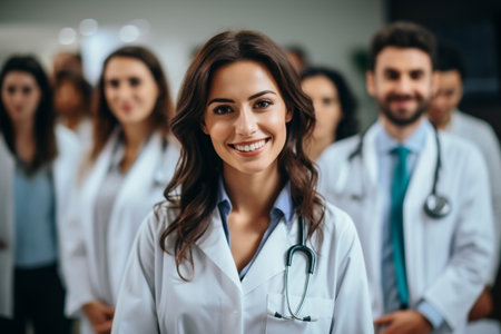 Smiling Female Doctor Poses with Medical Team. Generative AIの素材
