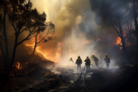 Wildfire Suppression: Firefighters Apply Water. Generative AIの素材