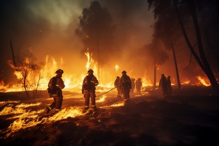 Firefighters Spray Water to Control Wildfire. Generative AIの素材