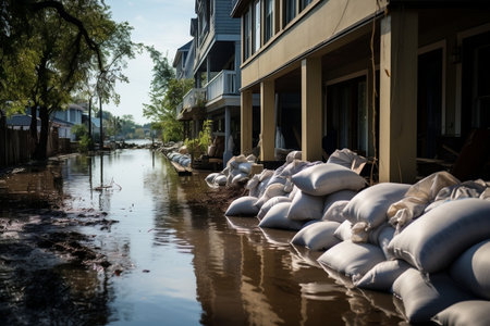 Flood Safeguard Sandbags by Amid Flooded Dwellings. Generative AIの素材