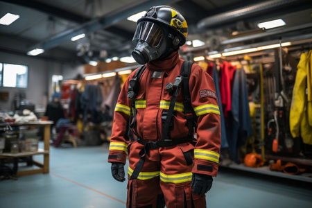 Bunker Suit Showcased in the Fire Station. Generative AIの素材