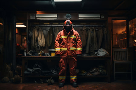 Bunker Suit of Firefighter Within the Fire Station. Generative AIの素材