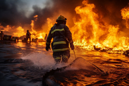 Fireman's Water Extinguishing Exercise. Generative AIの素材