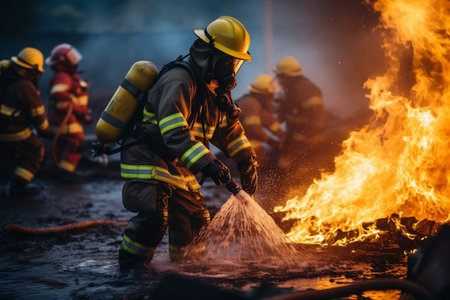 Water Extinguishing Techniques for Firefighters. Generative AIの素材