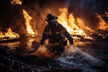 Firefighter Skills: Extinguishing with Water. Generative AIの素材