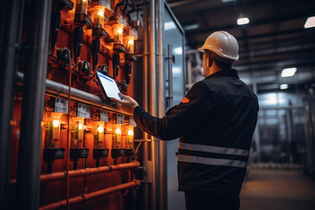 Skilled Engineers Examining Extinguishing Device. Generative AIの素材