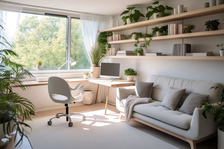 Aesthetic Home Office Small Apartment Living Room Interior. Generative AIの素材