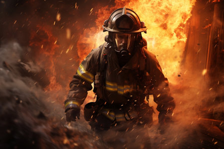 Resolute Fireman in Full Gear Charging Through the Smoke. Generative AIの素材