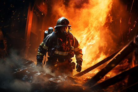 Valiant Fireman Charging Through Smoke in Complete Gear. Generative AIの素材