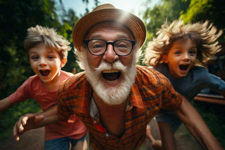 Quality Time Outdoors Grandfather and Son's Playful Momentsの素材