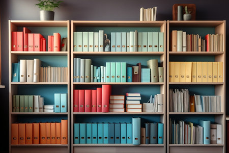 Colorful File Folders on Display A Bookshelf Office Archiveの素材