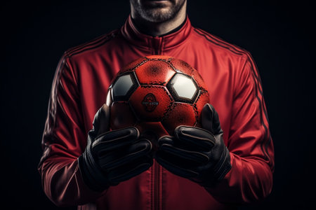 Close up of goalkeeper hands gripping soccer ballの素材