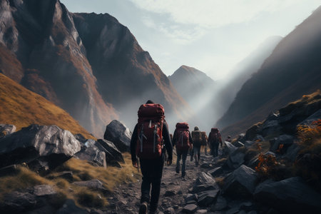 Experienced Hiker Leading Fellow Trekkers Through the Mountainsの素材