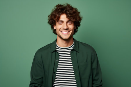 Energetic and Upbeat Man Wearing Stripes Poses Against a Green Backdropの素材