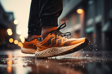 Puddle Reflection Detailed Shot of Wet Sneakers and Feetの素材