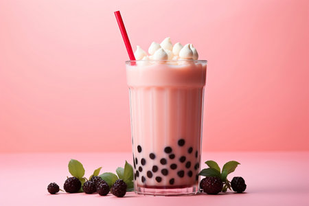 Tempting Bubble Tea with Tapioca on a Rosy Canvasの素材