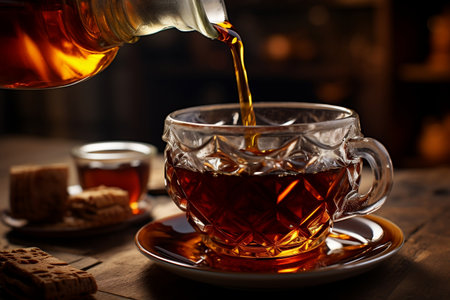 Syrup Being Poured into Coffee on Wooden trayの素材