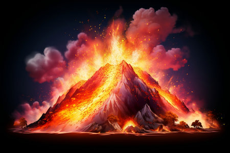 Volcano eruption with lava on a dark backgroundの素材